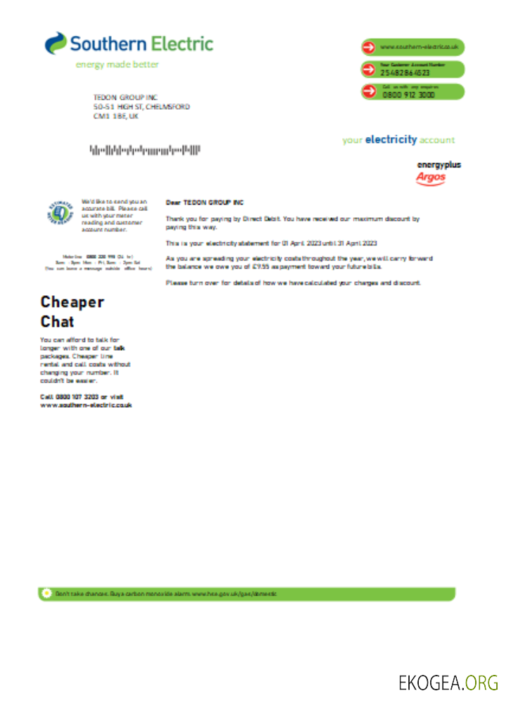 Preuve d'adresse de Southern Electric, facture d'entreprise de services publics, SCR